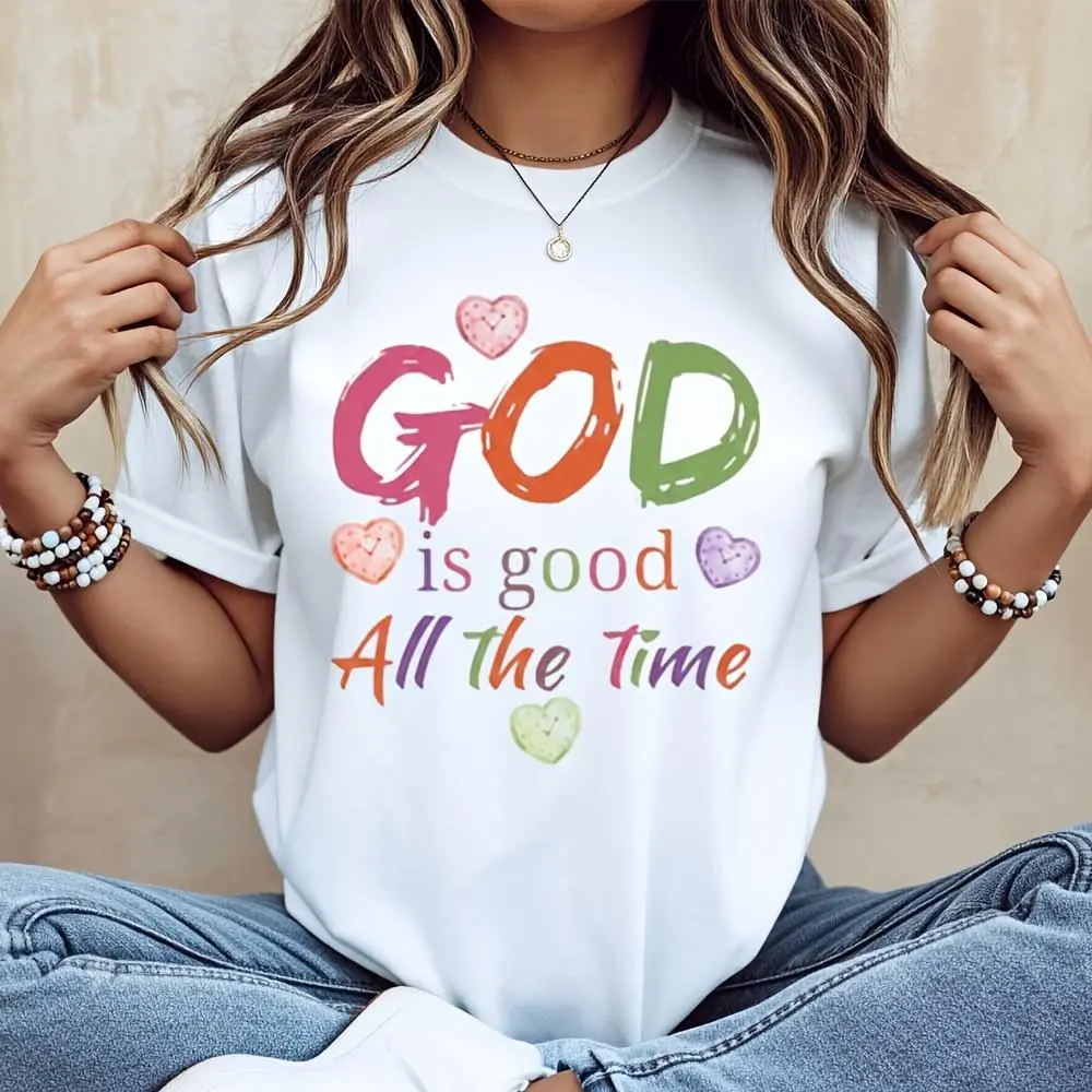 God Is Good All The Time Heart Print, Neck Drop Shoulder T-Shirt, Christian Faith Religious Theme, Casual Daily Wear Summer Top