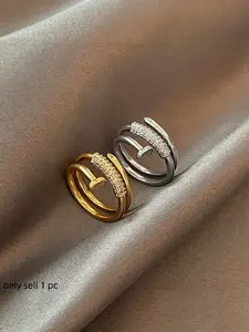 Gold/Silver Tone Nail Ring for Women, Micro-Paved CZ Cubic Zirconia Screw Ring, Double-Band Wrap Statement Ring, Minimalist Fashion Jewelry