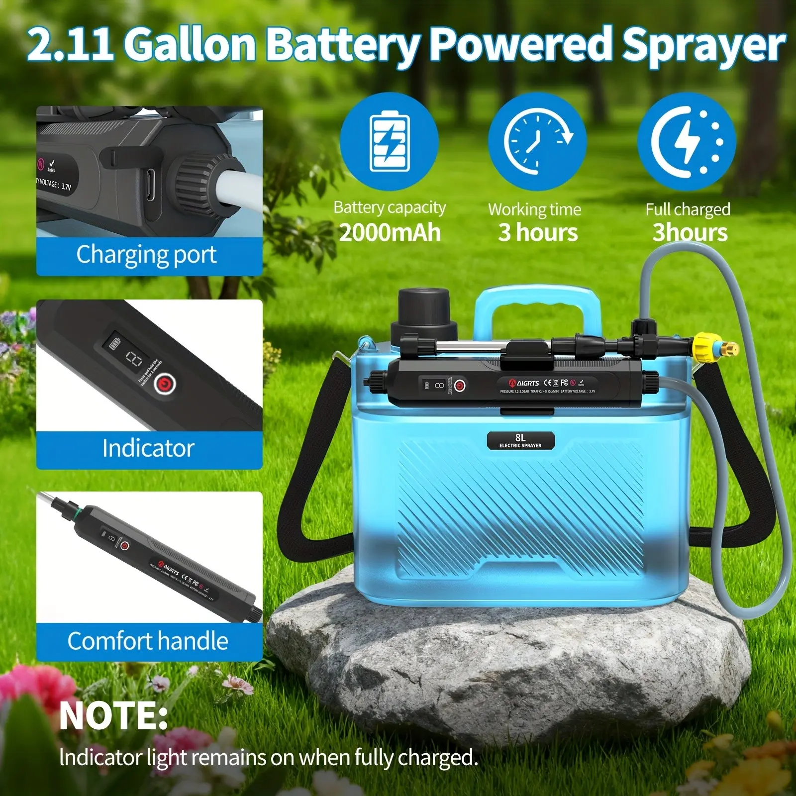 Battery-Powered Garden Sprayer, 2.11 Gallon Large Tank, USB Rechargeable, Adjustable Spray Nozzles, Ideal for Gardening & Lawn Care, Charging, Working Time