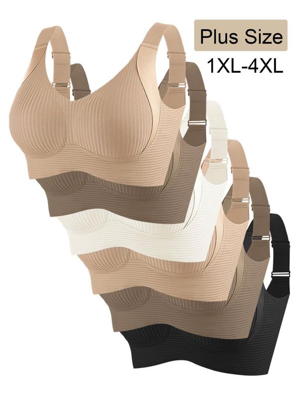 Women's Seamless Bra Set of 6, Wide Shoulder Straps, Medium Support, Plain Pattern, Sizes 1xl-4xl, Casual Daily Wear