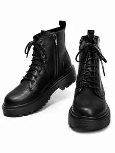 Women's Combat Boots, Western Boots, Short Lace-Up Thick Sole Side Zipper Boots, Above Ankle but Below Knee, All Seasons, Rubber Upper, Artificial Leather Sole