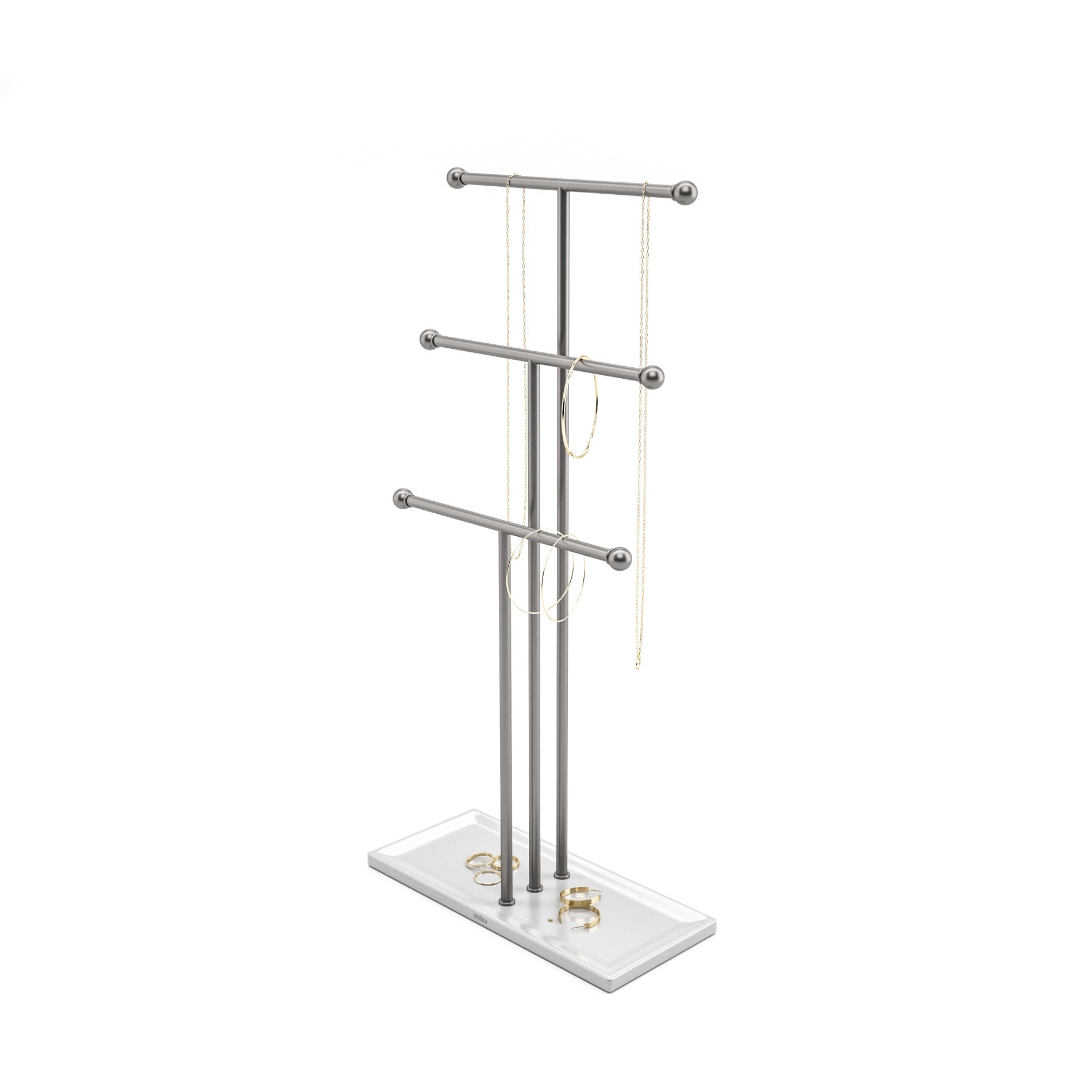 Trigem Jewelry Stand, 3-Tier Necklace Holder & Accessory Organizer with Tray Base, Modern Decor - Choose Your Finish Metal Racks Boxes
