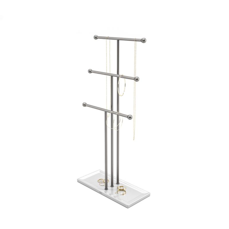 Trigem Jewelry Stand, 3-Tier Necklace Holder & Accessory Organizer with Tray Base, Modern Decor - Choose Your Finish Metal Racks Boxes