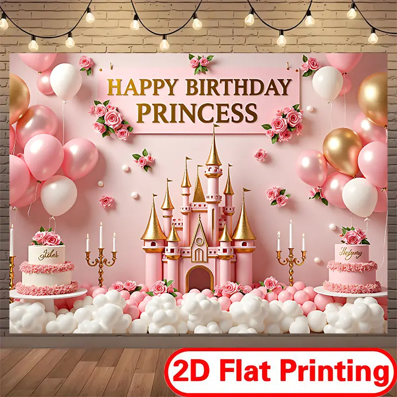 Magical Cartoon Festive Backdrops & Banners - Soft Polyester 1-Piece Birthday-Themed Banner, 2D Flat Castle & Flower Design, Instant Party Scene for Home Garden Decor & Photographers' Photo Use