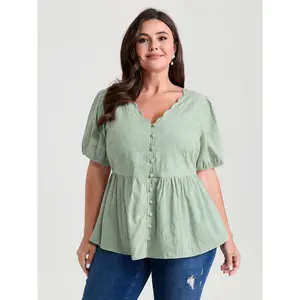 BloomChic Lady's Plus Size V-Neck Shortleeve Button Casual Top - Textured Fit-and-Flare Plain Blouse, Smooth Fitted Fabric, M-6X Sizes, 2026 Summer Turn-Up Mother's Day Pick Swimweek
