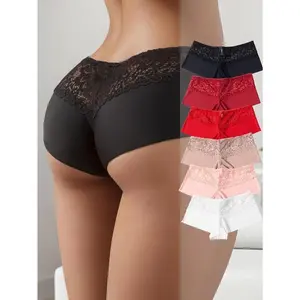 Six-Pack Sexy Lace Boyshorts, Seamless And Comfortable Women'S Underwear, Elastic Solid Color Panties for Women.