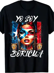 Men'S Round Neck T-Shirt with a 2D Print That Boldly Declares 'I Am Puerto Rican'. The Lively Flag Design Along with The for Jaguar Motif Highlights Cultural Symbols While The Black Background Provides a Stylish Contrast