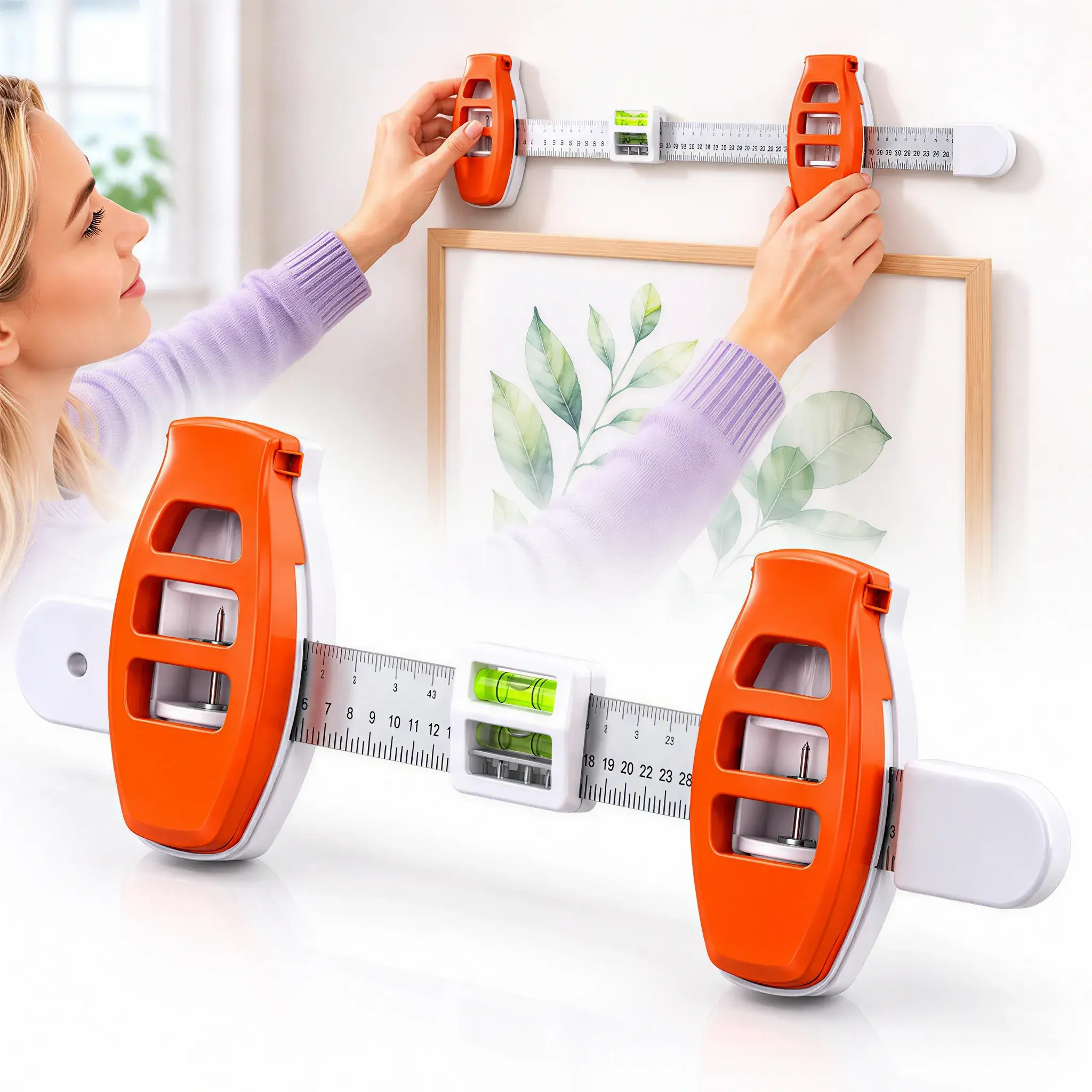 3-in-1 Picture Hanging Tool Kit with Magnetic Ruler, Built-in Bubble Level, Wall Marker, Measuring Guide, Frame Alignment Aid for Hammerless DIY Installation of Artwork, Mirrors, Wall Decor
