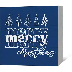 Blue Merry Christmas Wood Box Sign Desk Decor, Navy Blue Christmas Decorations, Winter Xmas Tree Holiday Wooden Block Box Sign Decoration for Home Office Farmhouse Shelf Table Decor 5x5inch