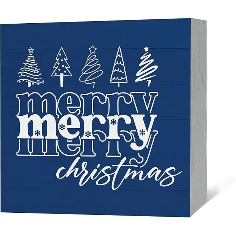 Blue Merry Christmas Wood Box Sign Desk Decor, Navy Blue Christmas Decorations, Winter Xmas Tree Holiday Wooden Block Box Sign Decoration for Home Office Farmhouse Shelf Table Decor 5x5inch