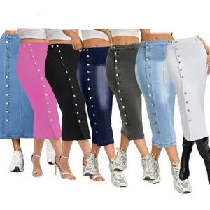 JUNBAOSS Women's Casual Stretch Mid Rise Long Denim Skirt with Button Down A Line Plain Design Cotton Fabric Elastic Waistband Functional Pockets Fitted Hipster Style Fashion - Womenswear