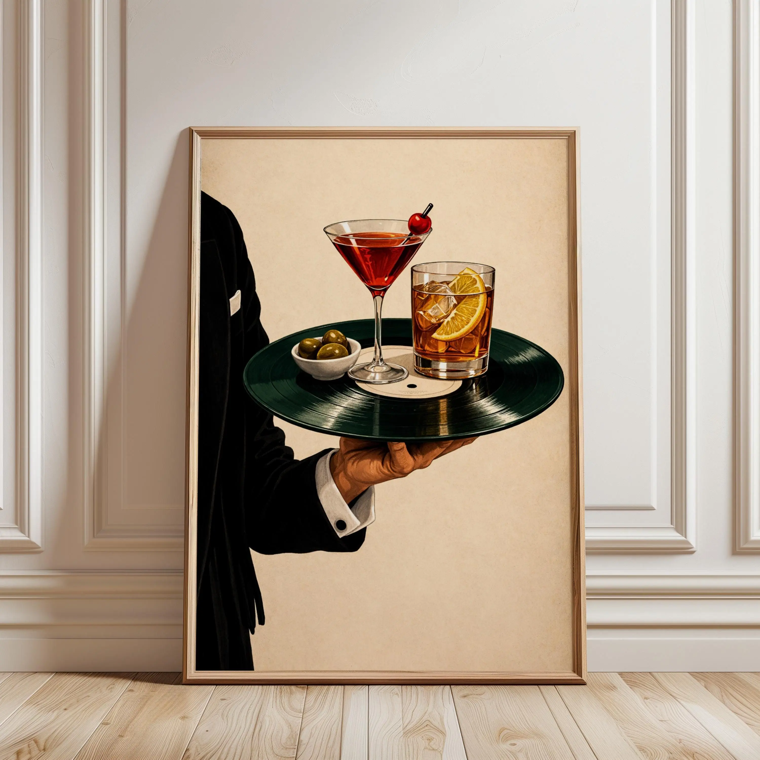 [SALE UP TO 40%] [Unframed] Vinyl Cocktail Tray Poster - Suit Waiter Hand, Martini Old Fashioned, Mid-Century Bar Wall Art