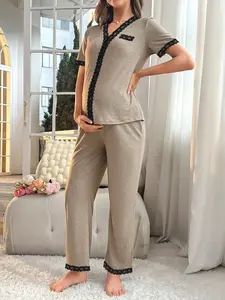 Women's Casual Elegant Maternity Outfits Set, Short Sleeve Long Pants Two-Piece, Comfortable Home Wear for All Seasons