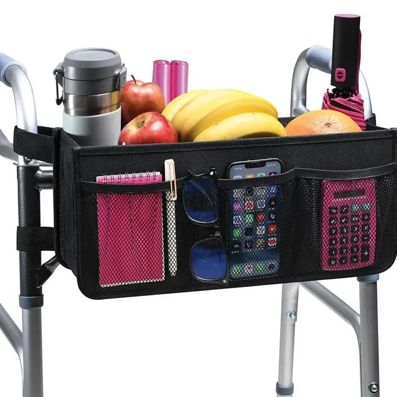 Walker Bag Folding Walker Basket - Large 16.5 x 7.4 x 5.7 in Storage Organizer with Cup Holders, Water-Resistant 600D Oxford, Easy Buckle Attachment, Anti-Tip Center Balance, Washable Black