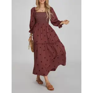 Women's Floral Embroidery Pocket Shirred A Line Dress, Boho Fashion Long Sleeve Square Neck Dress for Daily Holiday Vacation Wear, Ladies Dress for All Seasons��gift�� Bohemian Casual