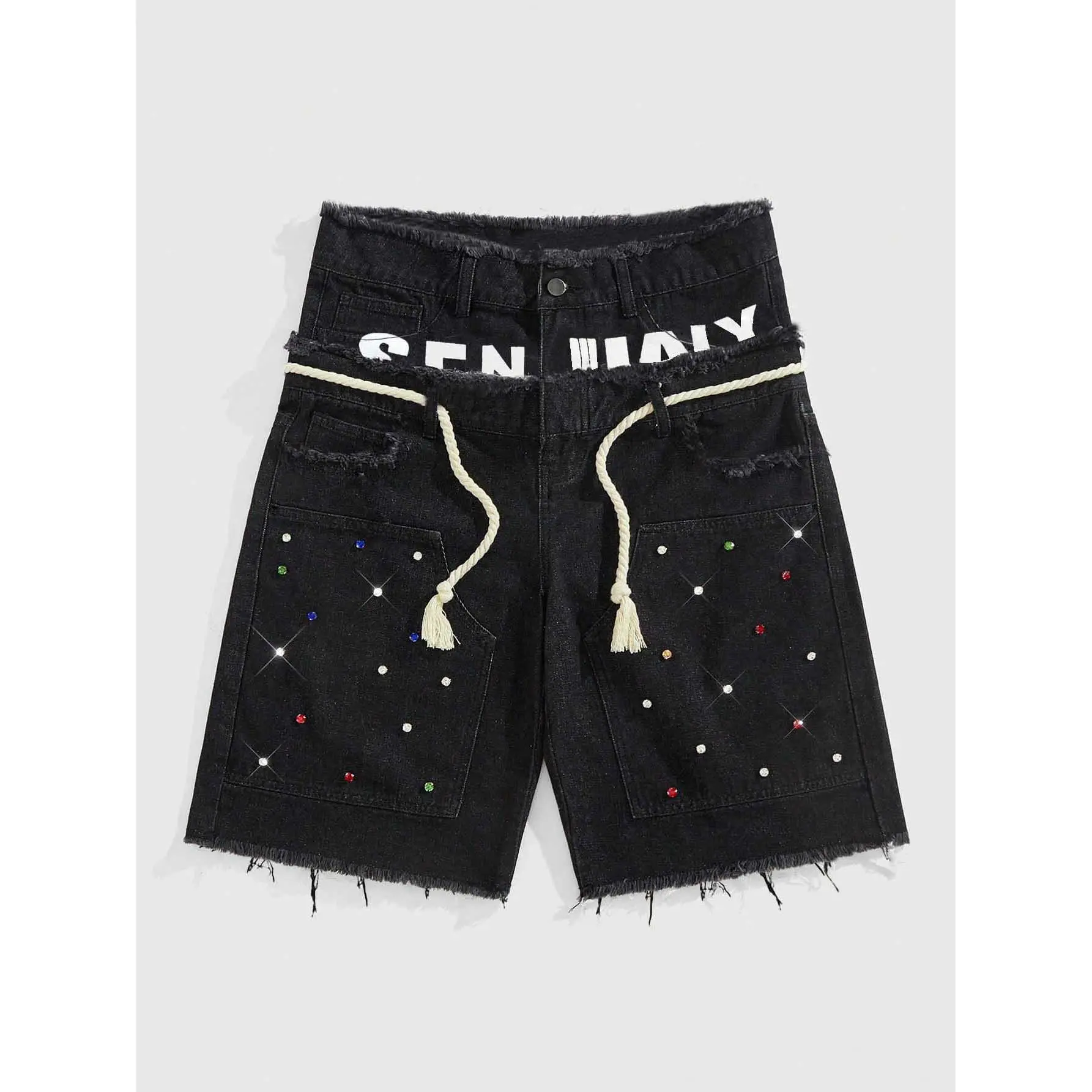 Glitter Rhinestone Streetstyle Loose Fit Double Layer Waist Diamond Embellished Denim Shorts