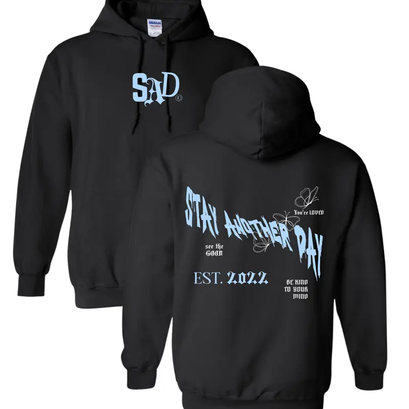 Stay Another Day Men's Cotton Crew Neck Pullover Hoodie - SAD Mental Health Awareness Graphic, The World Needs You EST 2022 Menswear Long Sleeve Top, All Season Casual Comfy Pullover