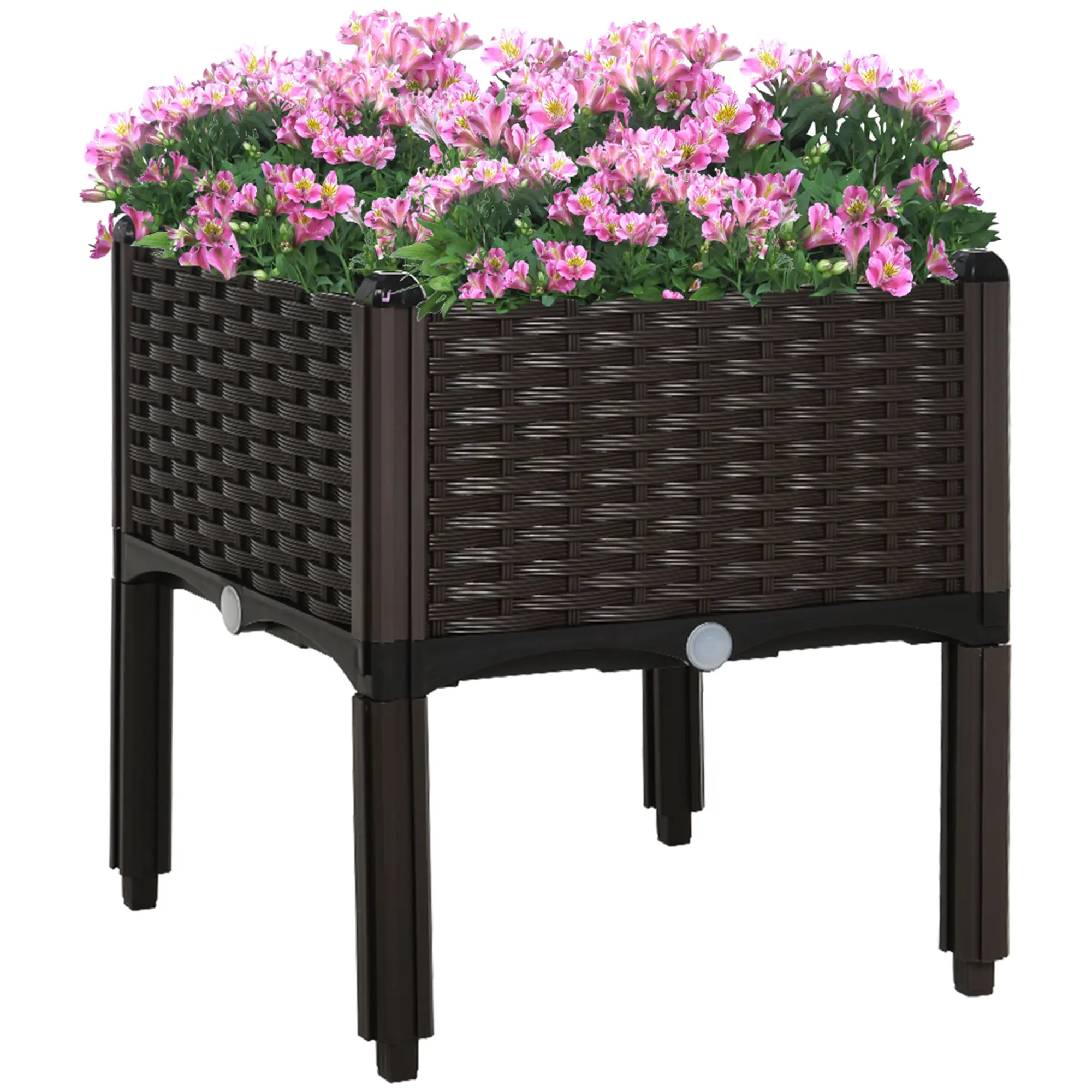 Brown single elevated plastic planter box with detachable supporting legs for planting flowers herbs vegetables on small apartment balcony and compact outdoor areas