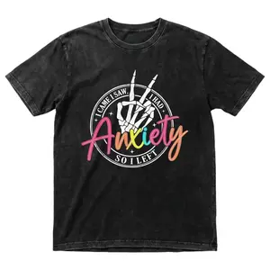 Funny Anxiety Quote T-Shirt, I Came I Saw I Had Anxiety So I Left Skeleton Peace Sign Graphic Tee, Vintage Washed Mental Health Humor Shirt for Men Women