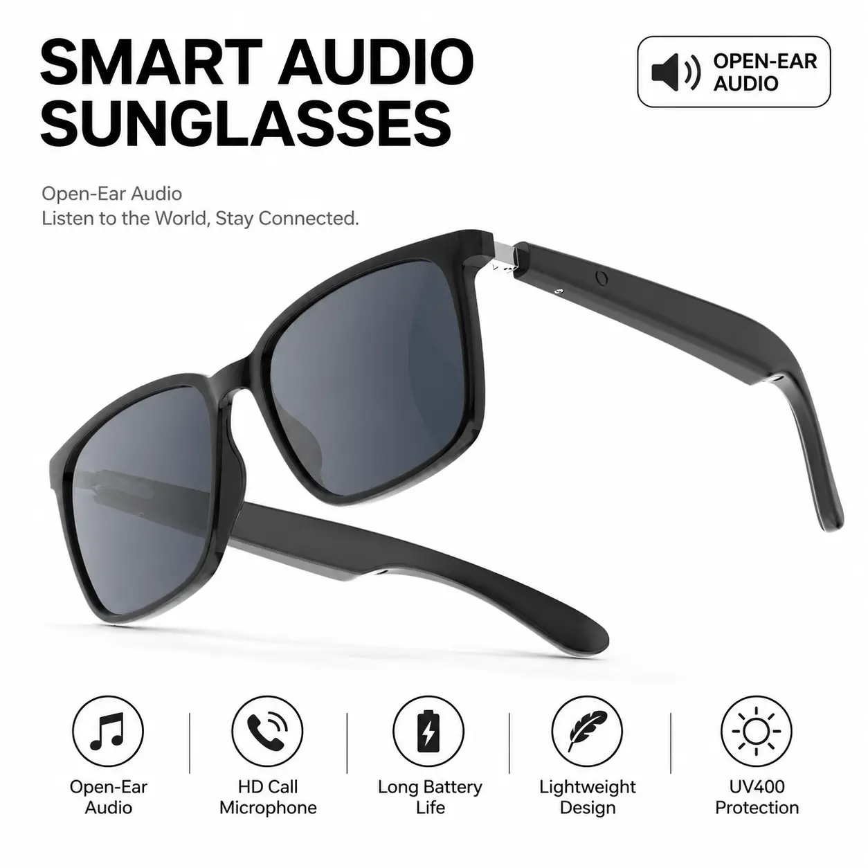 Matte Black Unisex Casual Adult Smart Audio Sunglasses - Bluetooth 6.0 Open-Ear Device, Magnetic Rechargeable Mic, UV400 Anti-Blue Light, IPX4 Waterproof, Voice Control, Selfie Camera Remote, iPhone & Android Compatible for Driving, Sports, Wearable, Mult