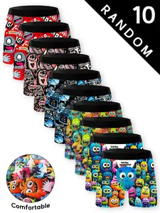 Men's 10-Pack Low-Waist Underwear, Monster Print, High-Elastic Breathable, Ideal for Summer Outdoor Activities, Fun Gift