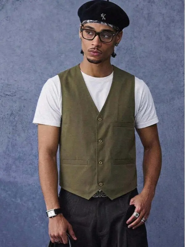 PAVTROS Men's Solid Color V-Neck Single-Breasted Casual Vest