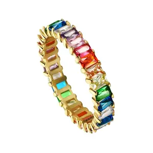 Sterling Eternity Rainbow Ring Band For Women Plated Baguette Multicolor Cubic Zirconia