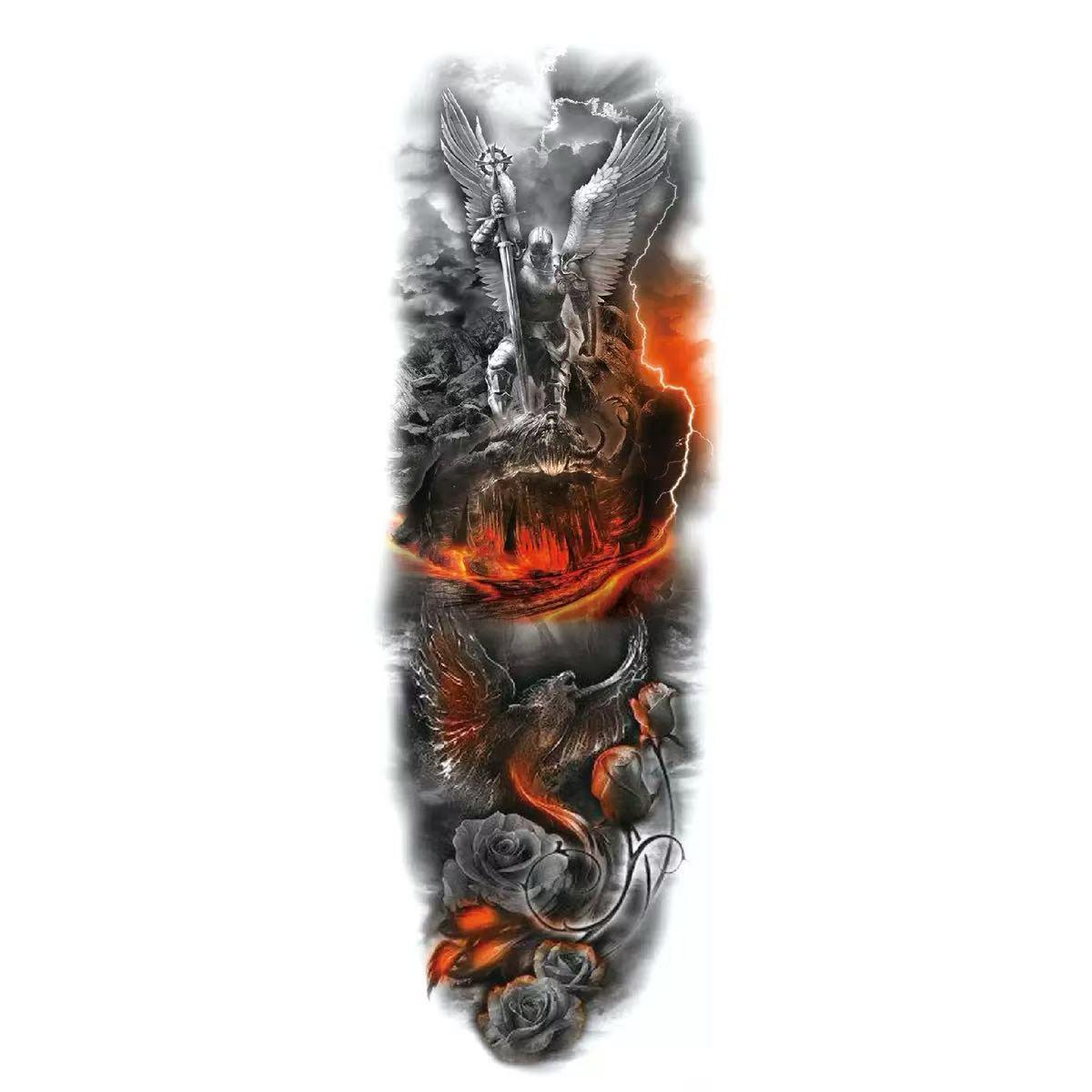 8 Full-Arm Tattoo Stickers: Crown, Lion, Skull, Angel, Wolf, Rose, Clock; Waterproof Tattoo Stickers