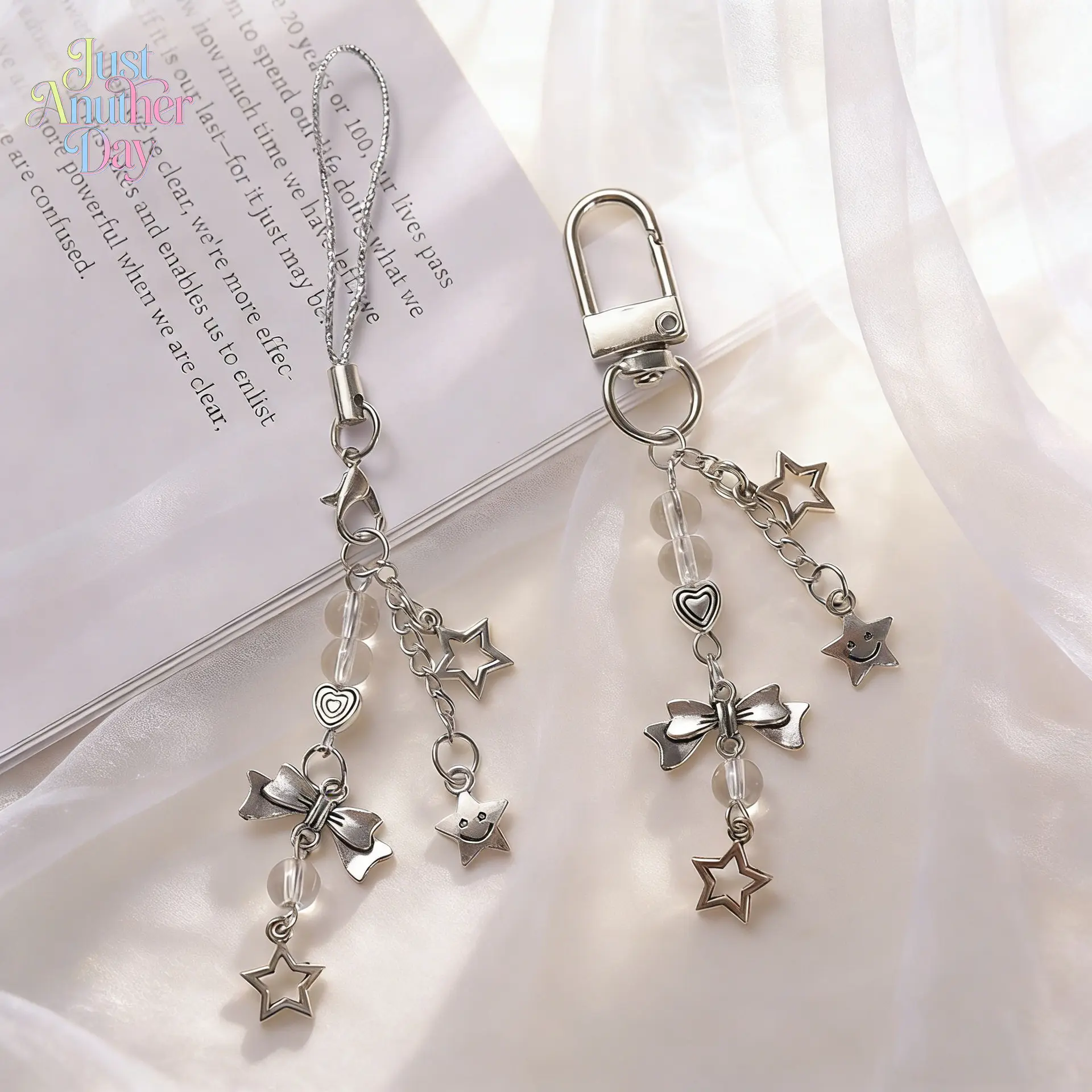 2pc Minimalist Silver Tone Star and Bow Beaded Phone Chain, Chic Aesthetic Keychain & Bag Ornament, Durable Phone Lanyard with Transparent Beads for Daily Use