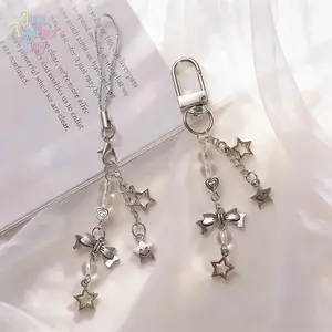 2pc Minimalist Silver Tone Star and Bow Beaded Phone Chain, Chic Aesthetic Keychain & Bag Ornament, Durable Phone Lanyard with Transparent Beads for Daily Use