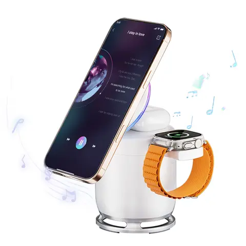 VAISEKE 3-in-1 Portable Adjustable Magnetic Wireless Charger - Foldable Nightstand Stand with USB Adapter, Cable Compatibility, Light, Bluetooth Speaker, MagSafe Protection for Mobile Devices, iPhone, Pad, AirPods, Watch