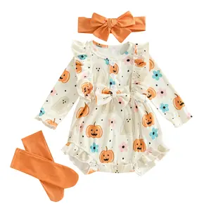 Newborn Baby Girl Halloween Pumpkin Ghost Floral Print Ruffles Long Sleeve Sweatshirt Romper Bodysuit Leg Warmers