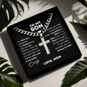 "to My Son" Stainless Steel Cross Pendant Necklace, Birthday Gift, Valentine's Day Gift, Christmas Gift, with Card and Gift Box Packaging, the Perfect Gift for Loved Ones Personalized