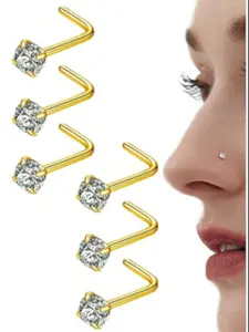 6pcs 14k Gold Plated Nose Studs, 316L Medical Steel Rings & Earrings, Hypoallergenic Spiral L-Shaped for Men & Women, 20g