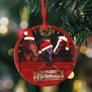 Imitation Wood Grain Three Headed Horse, Circular Ceramic Home Decoration,Round Ceramic Ornament, Farmhouse Christmas Tree Holiday Decor, 2025 Christmas Horse Ornaments Hanging Tree Decorations, Horse Gifts for Family and Friend