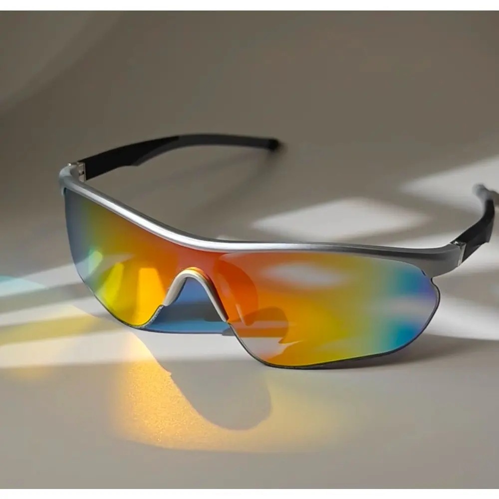 Ultralight Composite Wrap Sunglasses, Silver Sprayed Half Frame Rainbow Mirror Polarized Anti-Glare Lens for Running, Fishing & Highway Driving