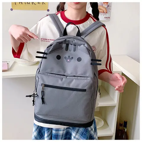 Kawaii Cat Print Unisex Youth Backpack - Casual Printed Gym Bag for School, Twin Back Design, Lightweight, Portable, Adjustable Straps, Zipper Closure, Durable Wash-Easy Fabric, Black&Grey Tabby