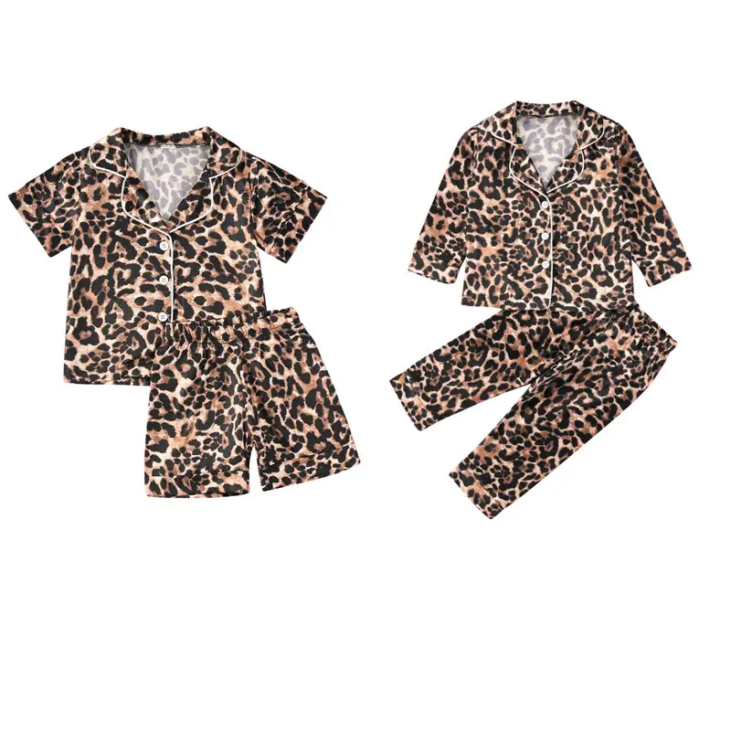 Canrulo Baby Girl Silk Satin Pajamas Set Leopard Sleepwear Button-Front Nightwear, 2-Piece (6M-6T)