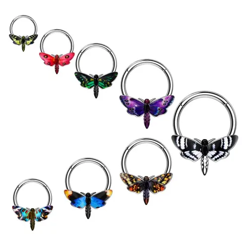 OUFER 16G Stainless Steel Hinged Segment Hoop Septum Body Jewelry - 10mm Inner Diameter, Unique Black+White Nature-Inspired Art Motifs (Hawk, Moth), Edgy Accessory for Halloween Parties