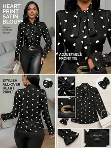 Heart Print Butterfly Sleeve Tie Long Sleeve Women's Shirt, Elegant Ladies' Top, Stylish Casual Wear, Perfect for All Occasions