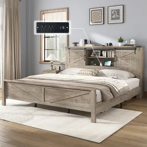 Amerlife King Size Bed Frame - Rustic Wood Finish Wooden Bed Frame Set with Barn Door Storage Bookcase Headboard, Charging Station, No Box Spring Needed Indoor Bedroom Furniture, Bed Frame King Size