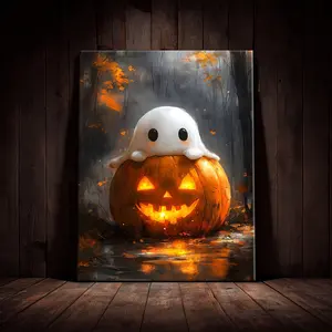 1 Count Wooden Framed Canvas, Poster of cute ghost on pumpkin, Halloween Decorative Poster, Horror Theme, Funny Party Hanging Picture, Modern Art For Living Room, Bedroom, Family Decoration, Ideal Gift, Waterproof Art