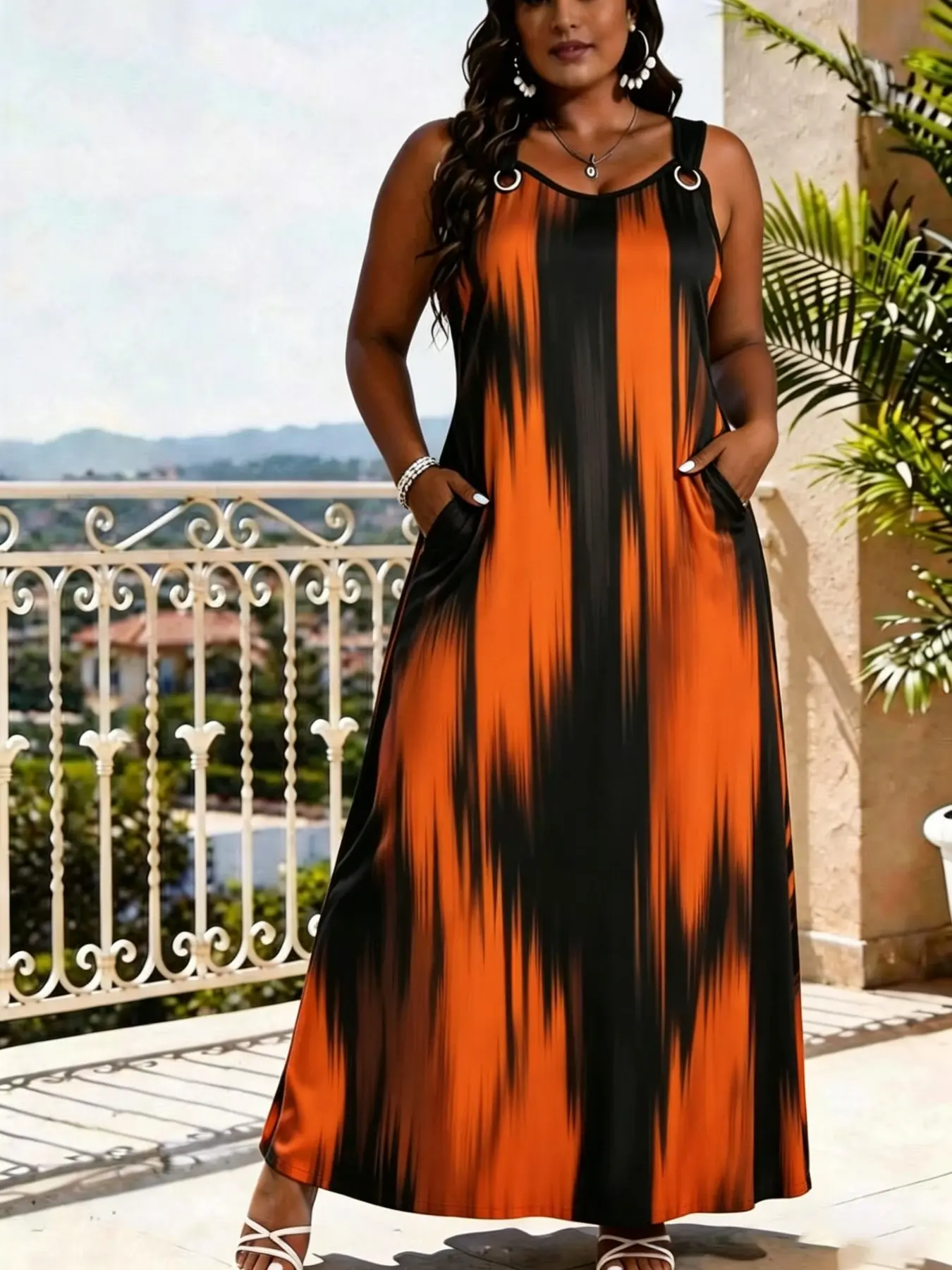 Elegant V-Neck Sleeveless Summer Dress for Women, Fashion Casual Wear, Striped Print Long Dress, Wide Strap & O-Ring Design, Perfect for Beach, Party and Daily Wear