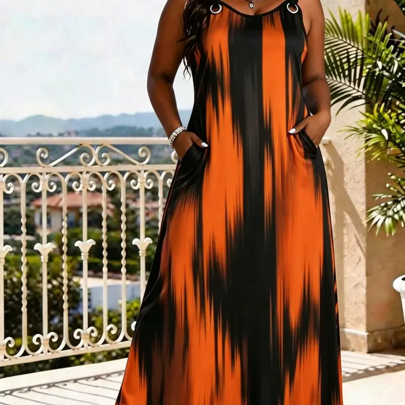 【Black Friday】Women's Abstract Print V-Neck Sleeveless Maxi Dress with O-Ring Wide Straps, Casual Summer Beach Dress