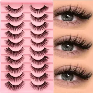 10 Pairs of 3D Volume False Eyelashes, Natural and Slim Cat-eye Short Style with Thick Lash Extensions at the Outer Corners, Suitable for Daily Wear