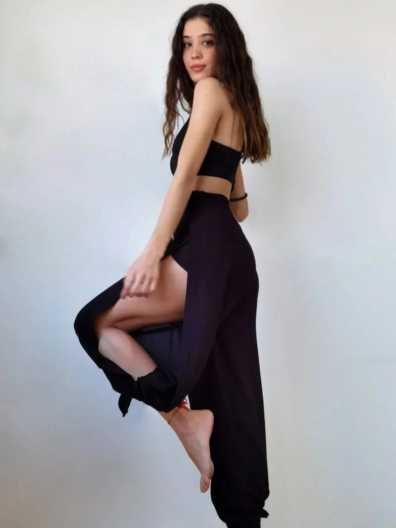 NOLANGS STORE Women High Waisted Side Slit Yoga Pants 100% Cotton Wide Leg Palazzo Wrap Pants Flowy Loose Fit Boho Beach Lounge Pants Summer Casual Trousers