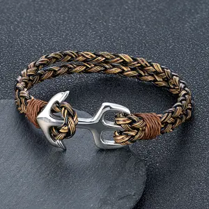 Men's Punk Stainless Steel Anchor Bracelet with Braided Leather Black Fashion Jewelry Gift