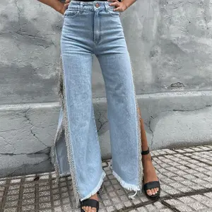 Women's High-waisted Denim Pants, Straight Wide-leg Silhouette For Slimming Effect, Non-stretch Material, Featuring Chain Tassel Embellishments, Side Split Detail, Frayed Hem, Trendy & Versatile, Ideal For Casual Daily Wear And Street Style.