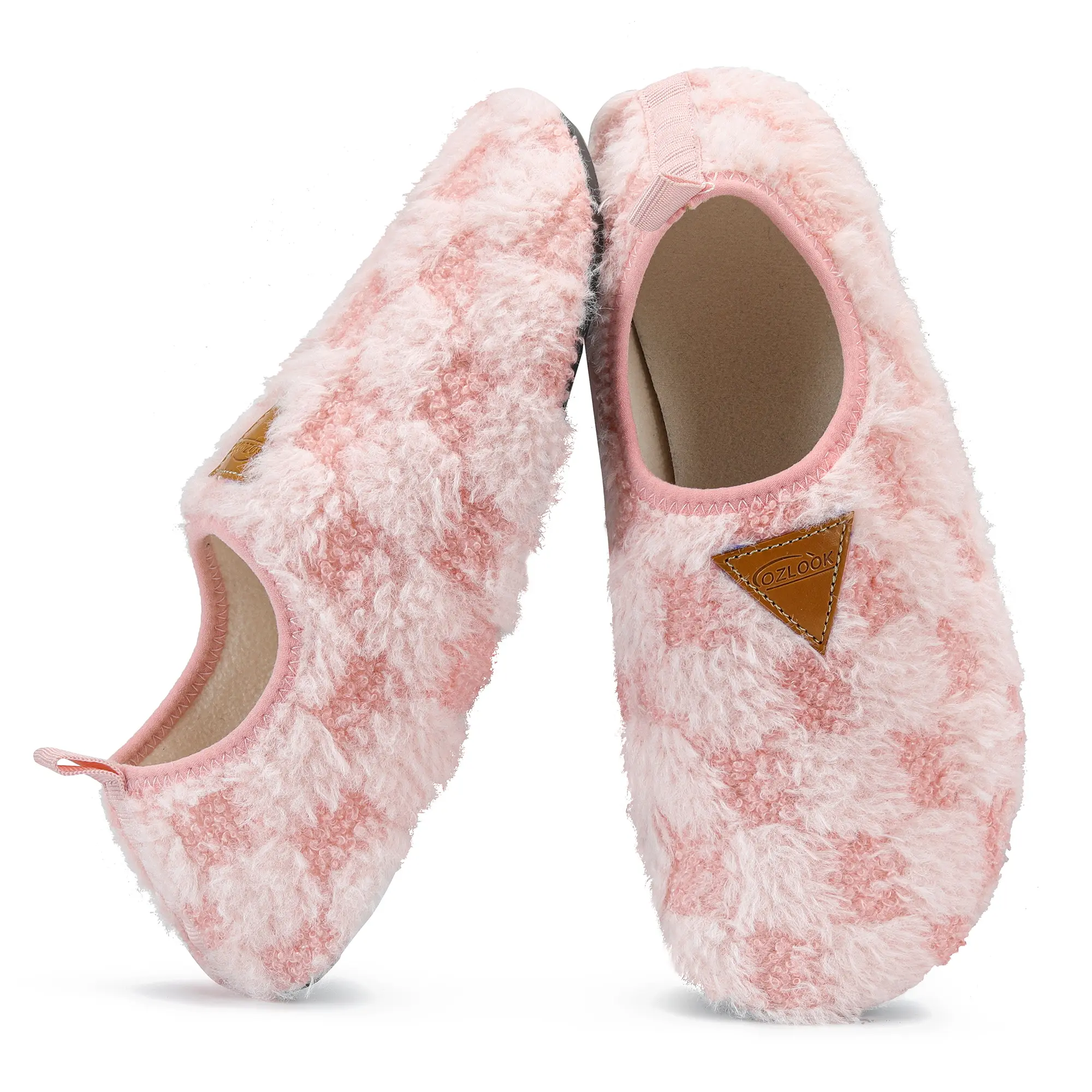 Checkered Fuzzy Fleece Portable Packable Slipper Socks - Low-Noise Anti-Slip Rubber Sole, Foldable, Removable Insole, Indoor Sports Footwear for Travel Dorm Use (Pink)