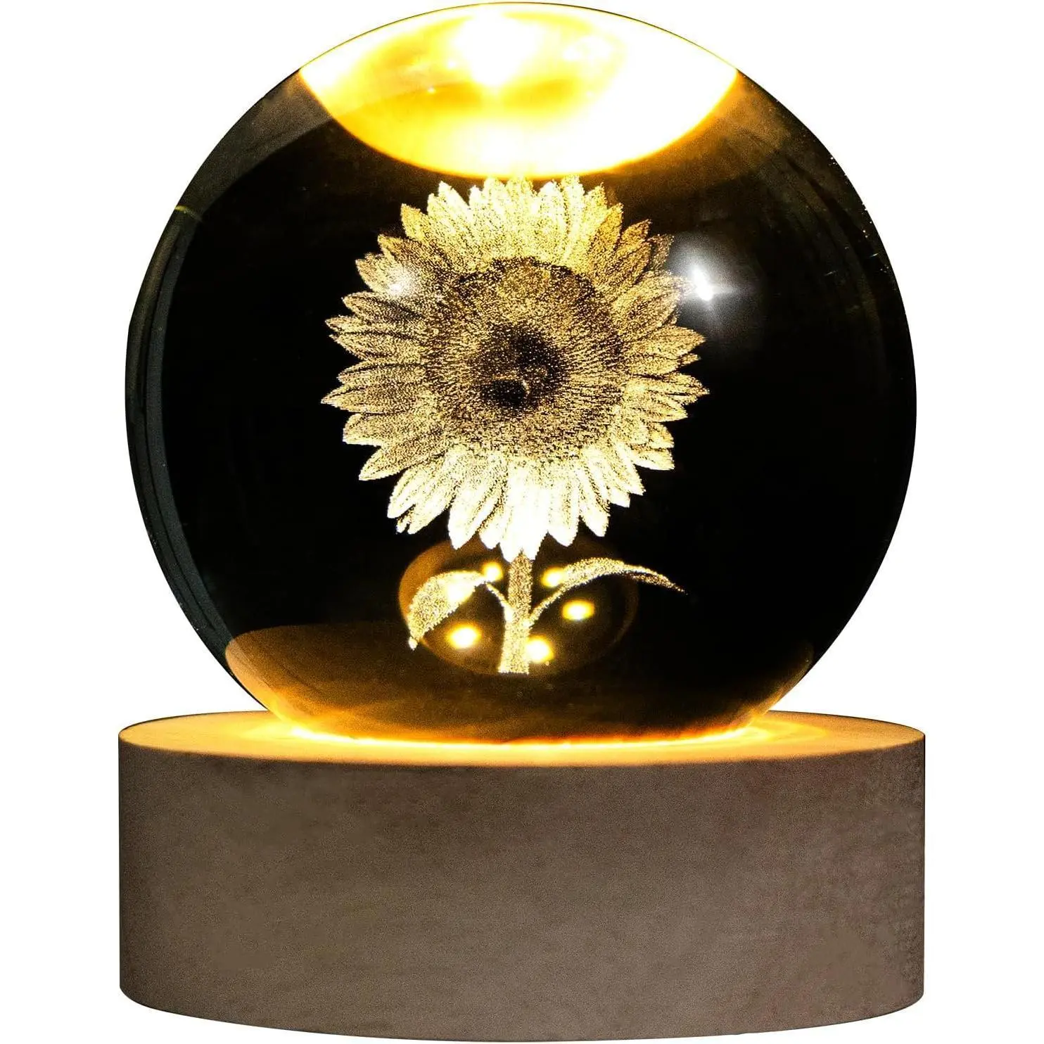 Crystal Sunflower Night Light, 3D Laser Etched Ball with USB Powered Wooden Base, Home Office Desk Decor, Collectible Gift for Women for Christmas Party, Mom, Portable Charger, Thanksgiving, Office Decor, Gifts For Women, Shelves, Led Glow, Valentines Day